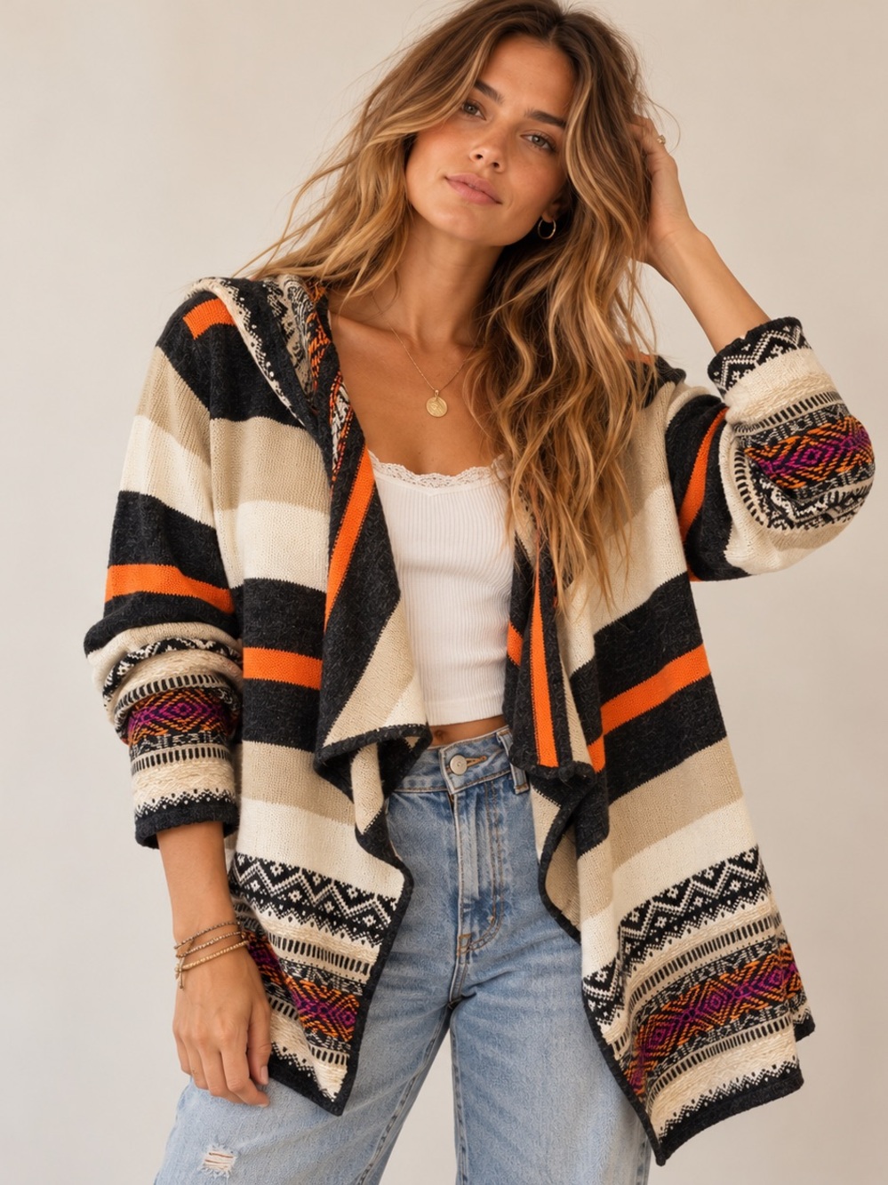 Boho Aztec Southwestern Hooded Waterfall Knit Cardigan Sweater